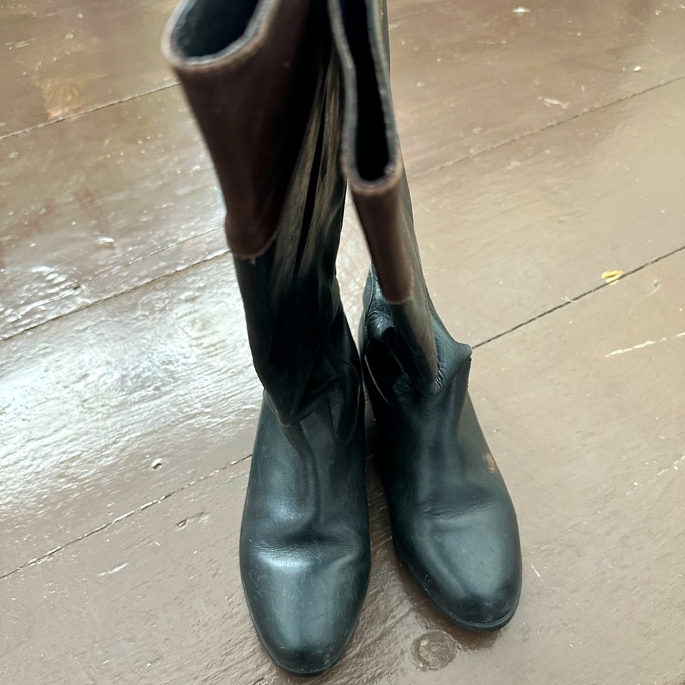 Ariat tall riding boots black with brown tops, full leather vintage
